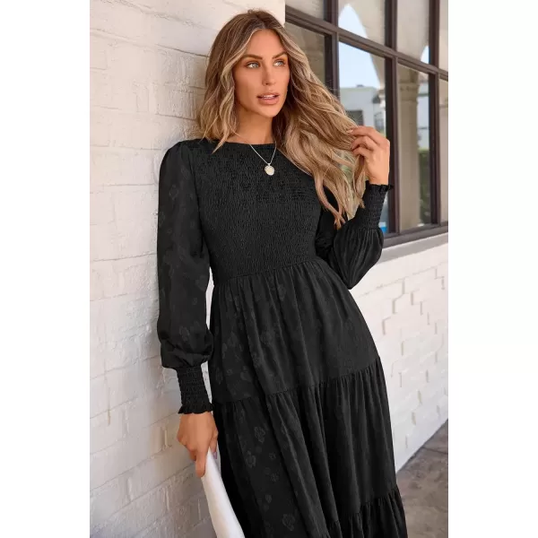 imagePRETTYGARDEN Womens Fall Midi Dress Long Sleeve Floral Smocked Elegant Wedding Guest Long Flowy DressesBlack