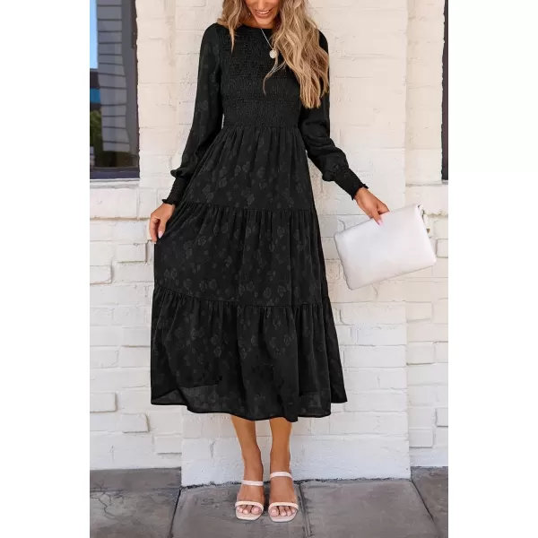 imagePRETTYGARDEN Womens Fall Midi Dress Long Sleeve Floral Smocked Elegant Wedding Guest Long Flowy DressesBlack