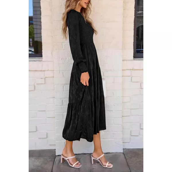 imagePRETTYGARDEN Womens Fall Midi Dress Long Sleeve Floral Smocked Elegant Wedding Guest Long Flowy DressesBlack
