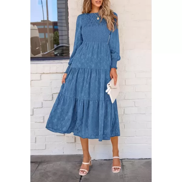 imagePRETTYGARDEN Womens Fall Midi Dress Long Sleeve Floral Smocked Elegant Wedding Guest Long Flowy DressesBlue