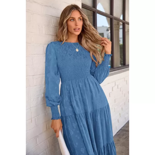 imagePRETTYGARDEN Womens Fall Midi Dress Long Sleeve Floral Smocked Elegant Wedding Guest Long Flowy DressesBlue