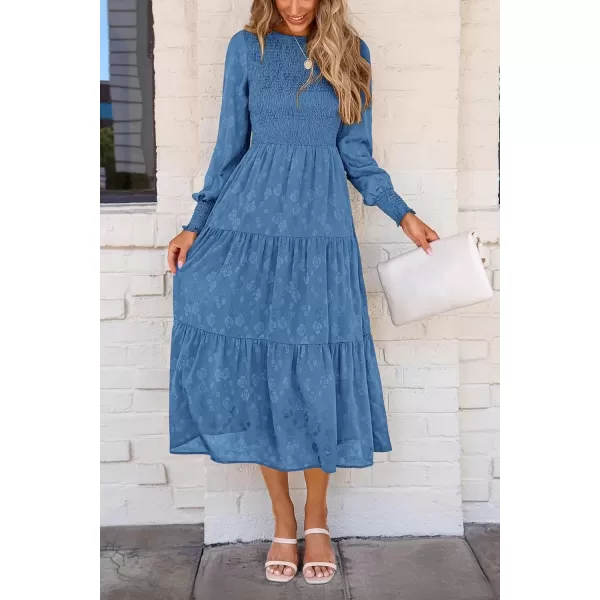 imagePRETTYGARDEN Womens Fall Midi Dress Long Sleeve Floral Smocked Elegant Wedding Guest Long Flowy DressesBlue