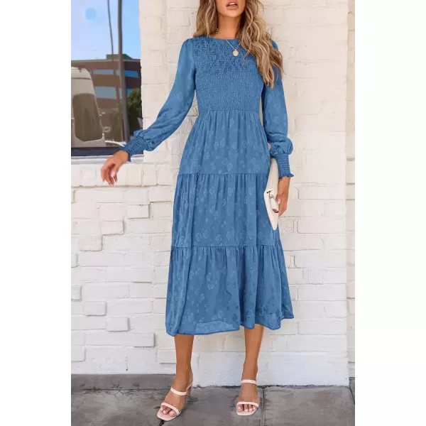 imagePRETTYGARDEN Womens Fall Midi Dress Long Sleeve Floral Smocked Elegant Wedding Guest Long Flowy DressesBlue