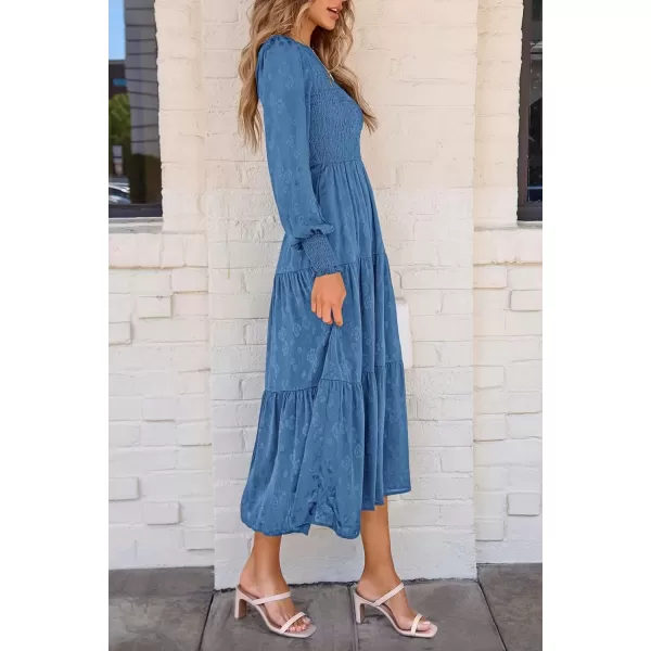 imagePRETTYGARDEN Womens Fall Midi Dress Long Sleeve Floral Smocked Elegant Wedding Guest Long Flowy DressesBlue