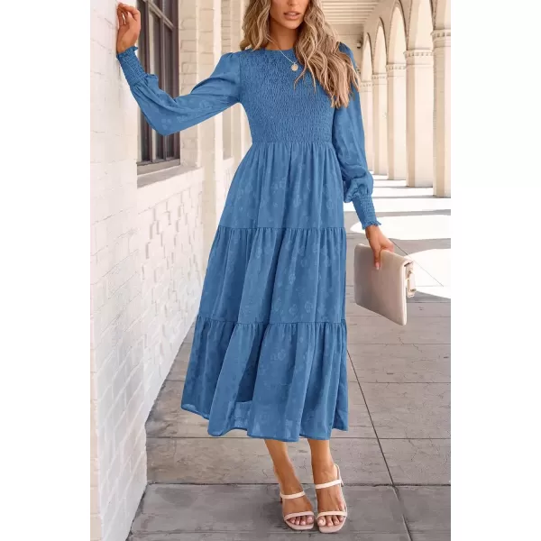 imagePRETTYGARDEN Womens Fall Midi Dress Long Sleeve Floral Smocked Elegant Wedding Guest Long Flowy DressesBlue