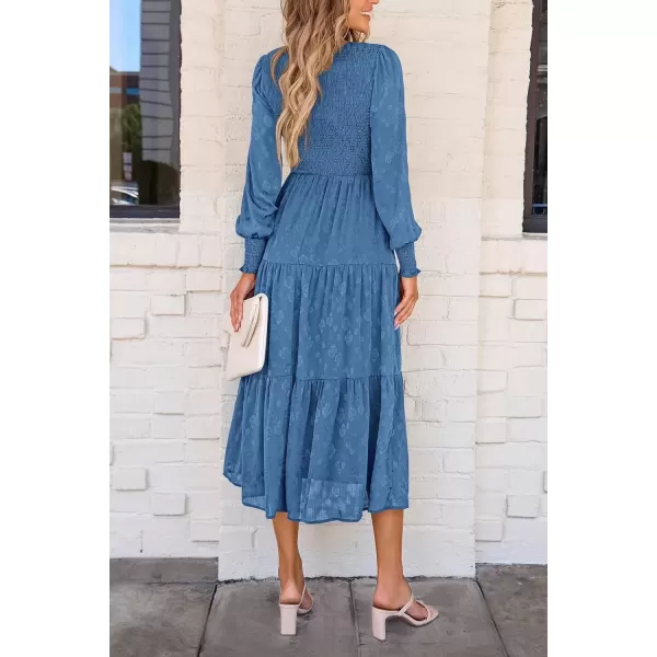 imagePRETTYGARDEN Womens Fall Midi Dress Long Sleeve Floral Smocked Elegant Wedding Guest Long Flowy DressesBlue