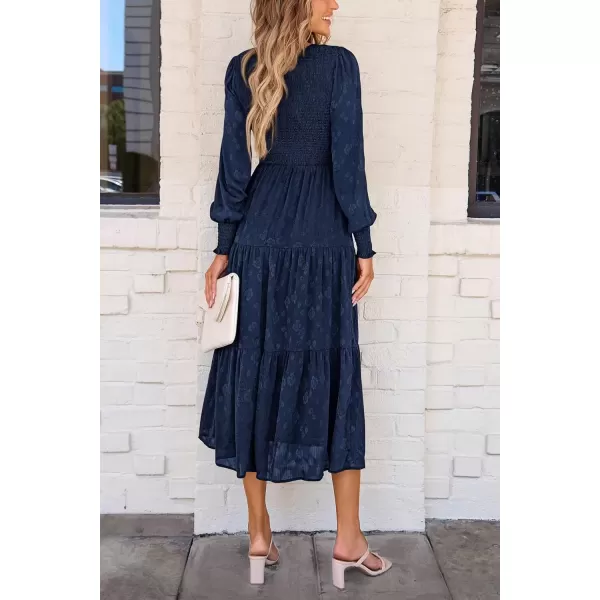 imagePRETTYGARDEN Womens Fall Midi Dress Long Sleeve Floral Smocked Elegant Wedding Guest Long Flowy DressesDark Blue