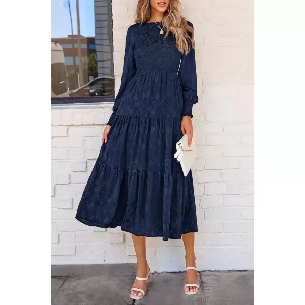 imagePRETTYGARDEN Womens Fall Midi Dress Long Sleeve Floral Smocked Elegant Wedding Guest Long Flowy DressesDark Blue
