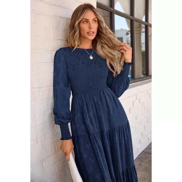 imagePRETTYGARDEN Womens Fall Midi Dress Long Sleeve Floral Smocked Elegant Wedding Guest Long Flowy DressesDark Blue