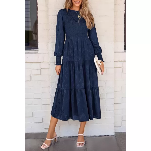 imagePRETTYGARDEN Womens Fall Midi Dress Long Sleeve Floral Smocked Elegant Wedding Guest Long Flowy DressesDark Blue