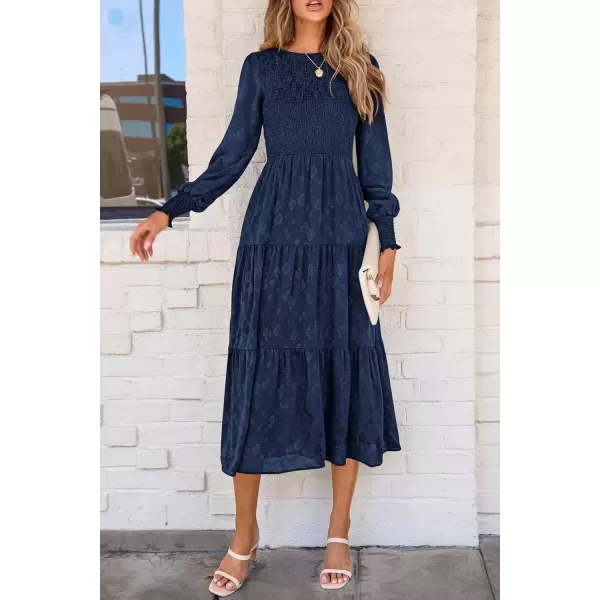 imagePRETTYGARDEN Womens Fall Midi Dress Long Sleeve Floral Smocked Elegant Wedding Guest Long Flowy DressesDark Blue