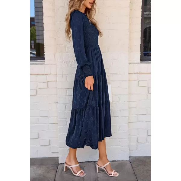 imagePRETTYGARDEN Womens Fall Midi Dress Long Sleeve Floral Smocked Elegant Wedding Guest Long Flowy DressesDark Blue