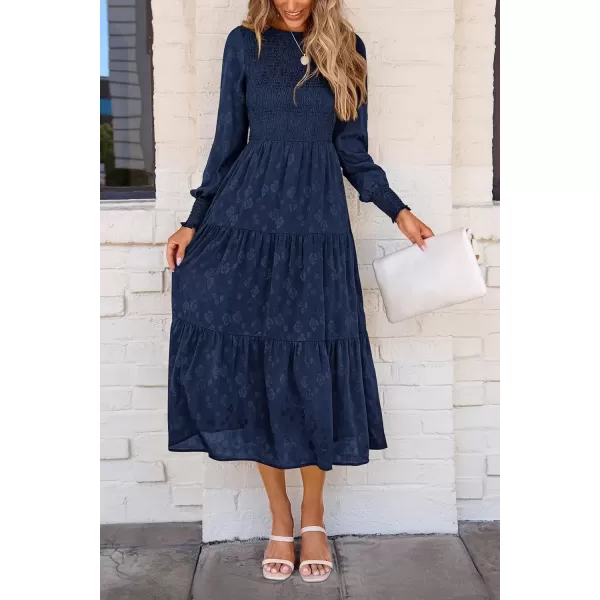 imagePRETTYGARDEN Womens Fall Midi Dress Long Sleeve Floral Smocked Elegant Wedding Guest Long Flowy DressesDark Blue