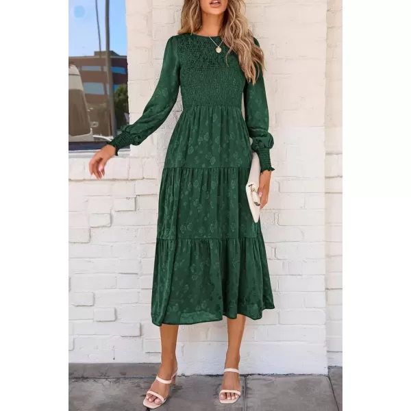 imagePRETTYGARDEN Womens Fall Midi Dress Long Sleeve Floral Smocked Elegant Wedding Guest Long Flowy DressesDark Green