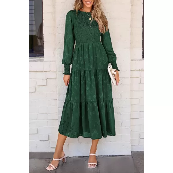 imagePRETTYGARDEN Womens Fall Midi Dress Long Sleeve Floral Smocked Elegant Wedding Guest Long Flowy DressesDark Green