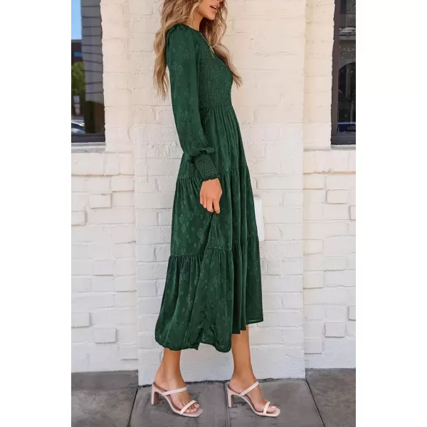 imagePRETTYGARDEN Womens Fall Midi Dress Long Sleeve Floral Smocked Elegant Wedding Guest Long Flowy DressesDark Green