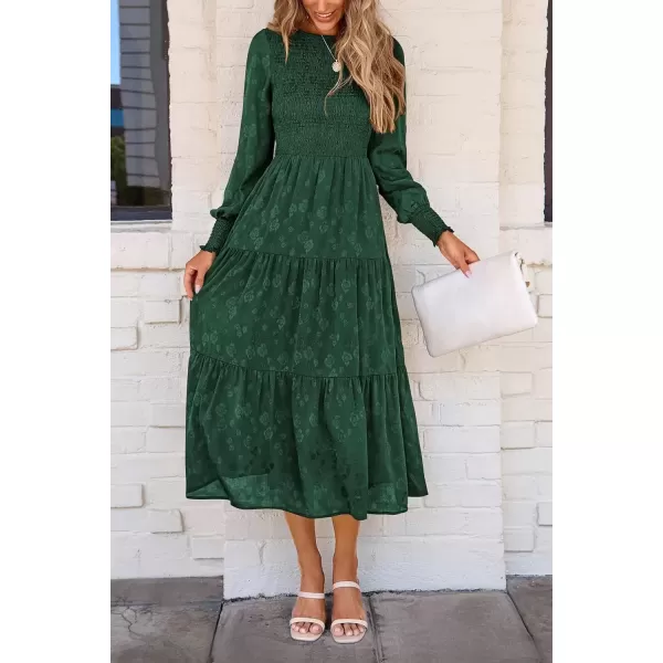 imagePRETTYGARDEN Womens Fall Midi Dress Long Sleeve Floral Smocked Elegant Wedding Guest Long Flowy DressesDark Green
