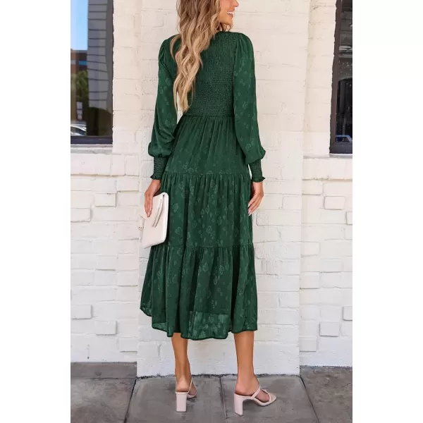 imagePRETTYGARDEN Womens Fall Midi Dress Long Sleeve Floral Smocked Elegant Wedding Guest Long Flowy DressesDark Green