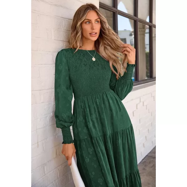 imagePRETTYGARDEN Womens Fall Midi Dress Long Sleeve Floral Smocked Elegant Wedding Guest Long Flowy DressesDark Green