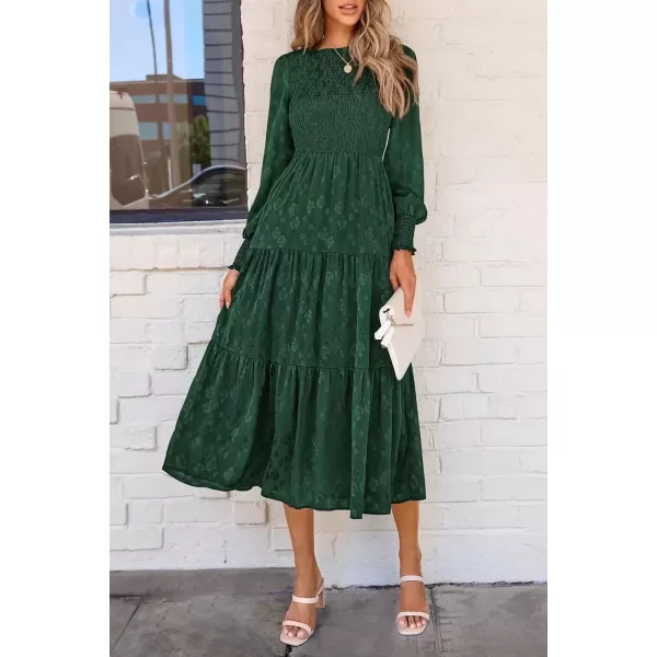 imagePRETTYGARDEN Womens Fall Midi Dress Long Sleeve Floral Smocked Elegant Wedding Guest Long Flowy DressesDark Green
