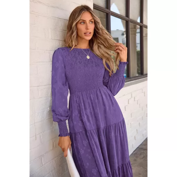 imagePRETTYGARDEN Womens Fall Midi Dress Long Sleeve Floral Smocked Elegant Wedding Guest Long Flowy DressesDark Purple