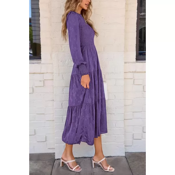 imagePRETTYGARDEN Womens Fall Midi Dress Long Sleeve Floral Smocked Elegant Wedding Guest Long Flowy DressesDark Purple