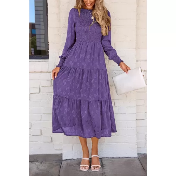 imagePRETTYGARDEN Womens Fall Midi Dress Long Sleeve Floral Smocked Elegant Wedding Guest Long Flowy DressesDark Purple