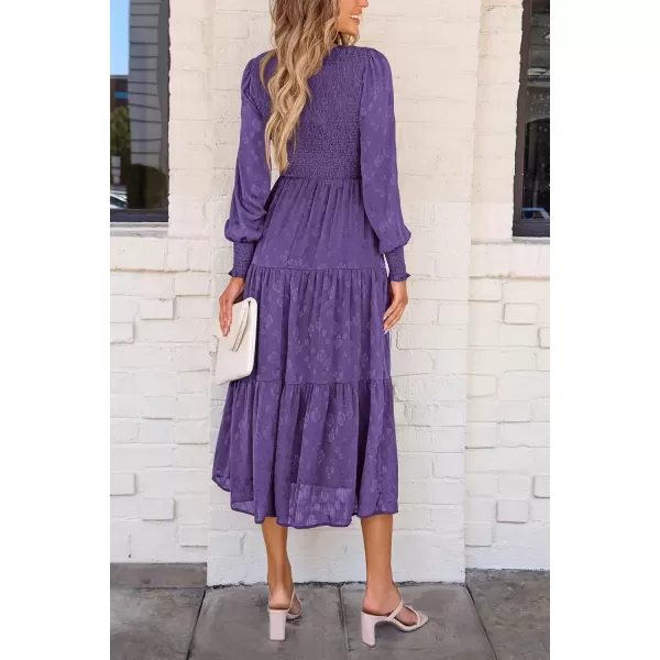 imagePRETTYGARDEN Womens Fall Midi Dress Long Sleeve Floral Smocked Elegant Wedding Guest Long Flowy DressesDark Purple