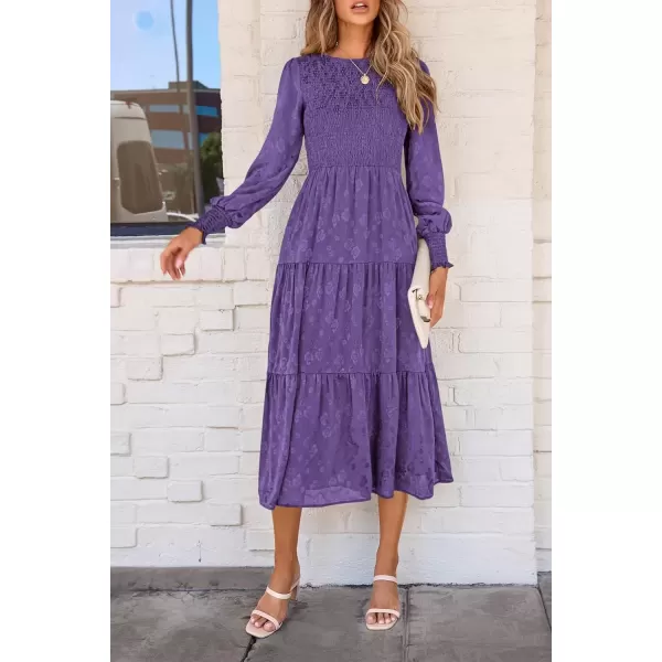imagePRETTYGARDEN Womens Fall Midi Dress Long Sleeve Floral Smocked Elegant Wedding Guest Long Flowy DressesDark Purple