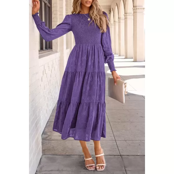 imagePRETTYGARDEN Womens Fall Midi Dress Long Sleeve Floral Smocked Elegant Wedding Guest Long Flowy DressesDark Purple