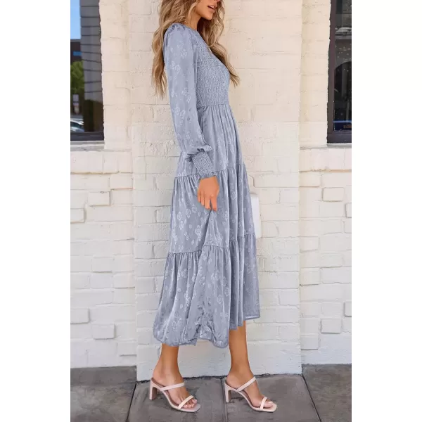 imagePRETTYGARDEN Womens Fall Midi Dress Long Sleeve Floral Smocked Elegant Wedding Guest Long Flowy DressesGrey Blue