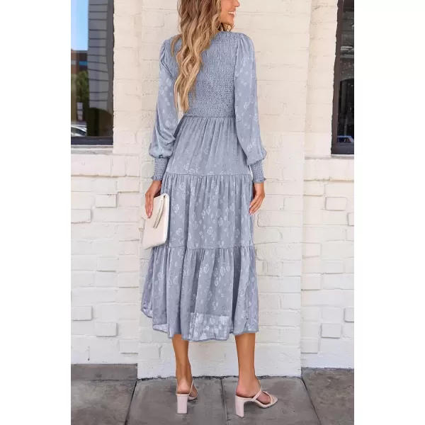 imagePRETTYGARDEN Womens Fall Midi Dress Long Sleeve Floral Smocked Elegant Wedding Guest Long Flowy DressesGrey Blue