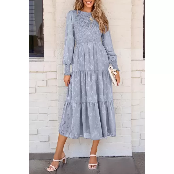imagePRETTYGARDEN Womens Fall Midi Dress Long Sleeve Floral Smocked Elegant Wedding Guest Long Flowy DressesGrey Blue