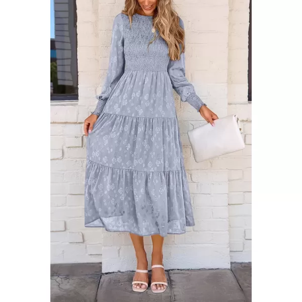 imagePRETTYGARDEN Womens Fall Midi Dress Long Sleeve Floral Smocked Elegant Wedding Guest Long Flowy DressesGrey Blue