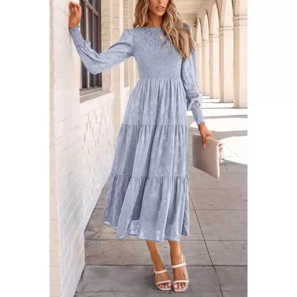 imagePRETTYGARDEN Womens Fall Midi Dress Long Sleeve Floral Smocked Elegant Wedding Guest Long Flowy DressesGrey Blue