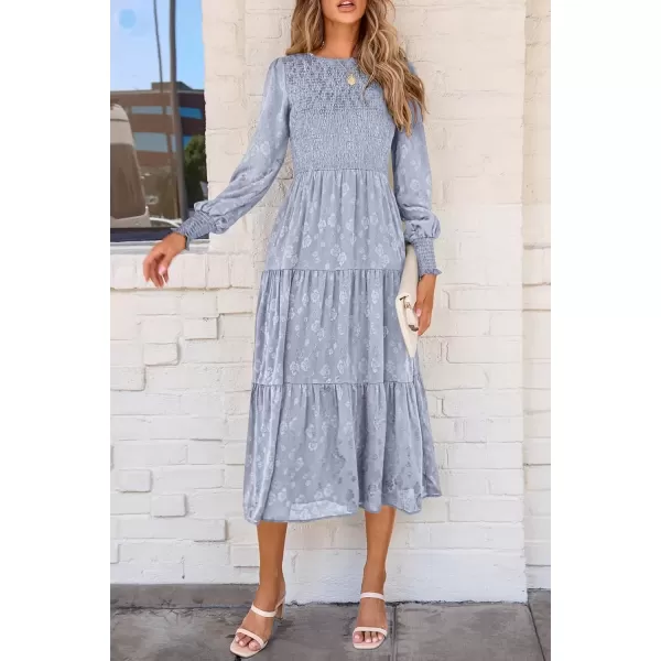 imagePRETTYGARDEN Womens Fall Midi Dress Long Sleeve Floral Smocked Elegant Wedding Guest Long Flowy DressesGrey Blue