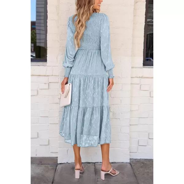 imagePRETTYGARDEN Womens Fall Midi Dress Long Sleeve Floral Smocked Elegant Wedding Guest Long Flowy DressesLight Blue
