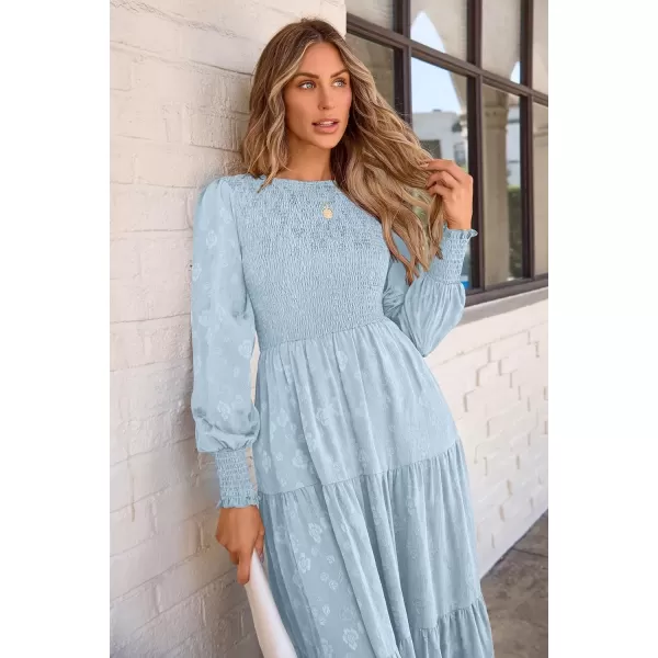 imagePRETTYGARDEN Womens Fall Midi Dress Long Sleeve Floral Smocked Elegant Wedding Guest Long Flowy DressesLight Blue