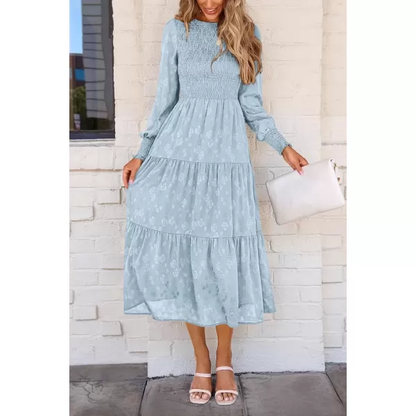 imagePRETTYGARDEN Womens Fall Midi Dress Long Sleeve Floral Smocked Elegant Wedding Guest Long Flowy DressesLight Blue