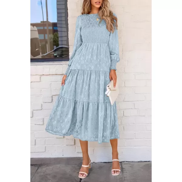 imagePRETTYGARDEN Womens Fall Midi Dress Long Sleeve Floral Smocked Elegant Wedding Guest Long Flowy DressesLight Blue