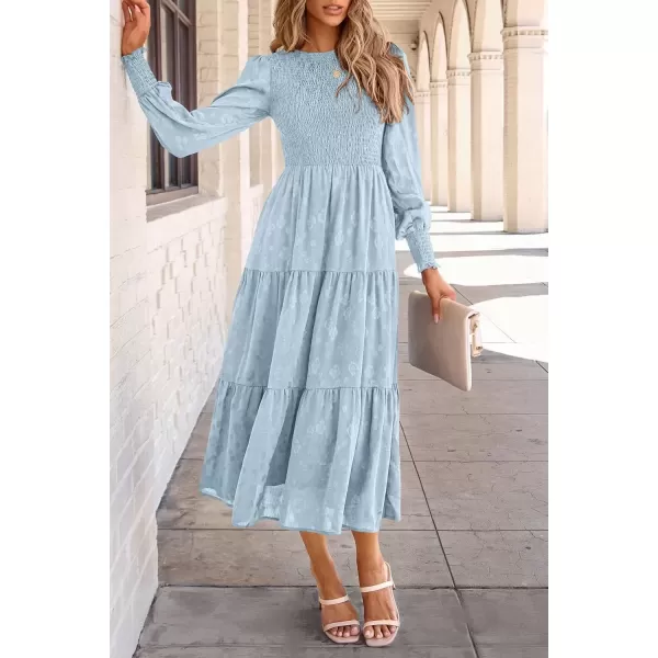 imagePRETTYGARDEN Womens Fall Midi Dress Long Sleeve Floral Smocked Elegant Wedding Guest Long Flowy DressesLight Blue