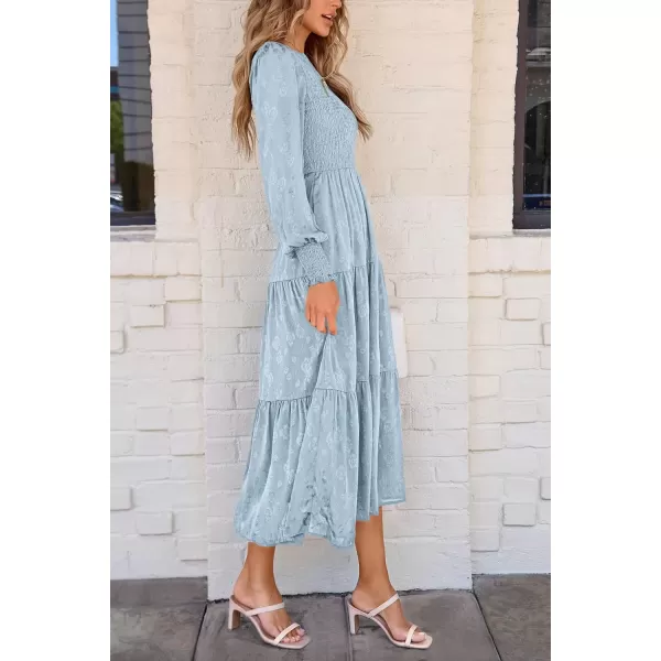 imagePRETTYGARDEN Womens Fall Midi Dress Long Sleeve Floral Smocked Elegant Wedding Guest Long Flowy DressesLight Blue