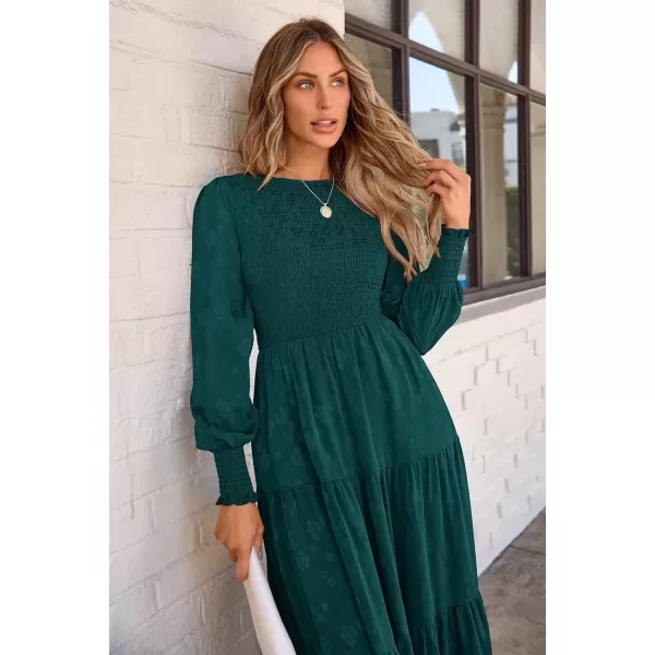 imagePRETTYGARDEN Womens Fall Midi Dress Long Sleeve Floral Smocked Elegant Wedding Guest Long Flowy DressesMalachite Green