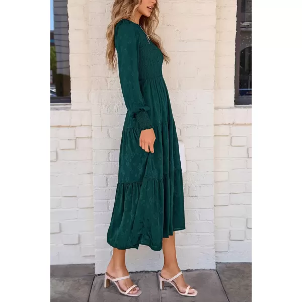 imagePRETTYGARDEN Womens Fall Midi Dress Long Sleeve Floral Smocked Elegant Wedding Guest Long Flowy DressesMalachite Green