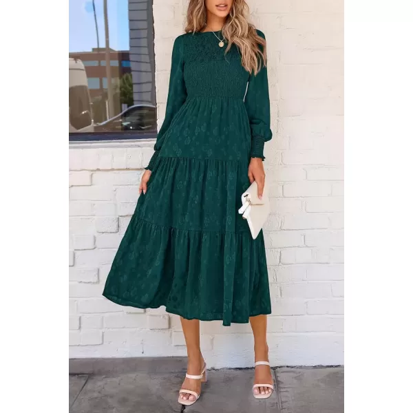 imagePRETTYGARDEN Womens Fall Midi Dress Long Sleeve Floral Smocked Elegant Wedding Guest Long Flowy DressesMalachite Green