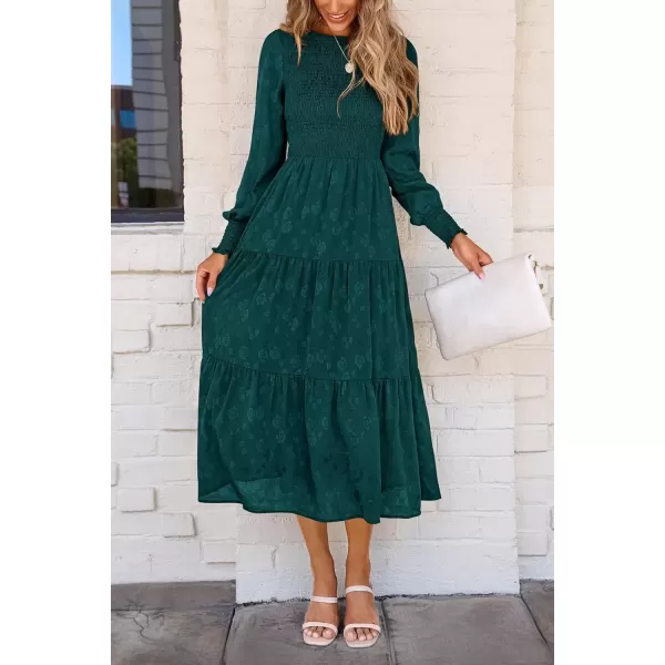 imagePRETTYGARDEN Womens Fall Midi Dress Long Sleeve Floral Smocked Elegant Wedding Guest Long Flowy DressesMalachite Green