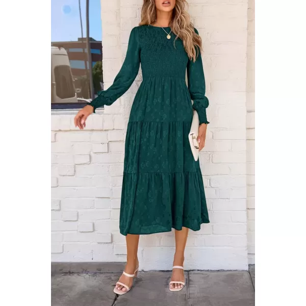 imagePRETTYGARDEN Womens Fall Midi Dress Long Sleeve Floral Smocked Elegant Wedding Guest Long Flowy DressesMalachite Green