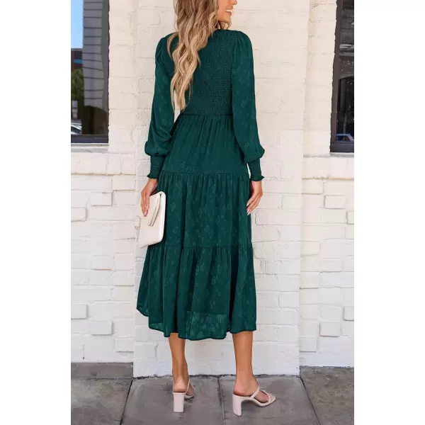imagePRETTYGARDEN Womens Fall Midi Dress Long Sleeve Floral Smocked Elegant Wedding Guest Long Flowy DressesMalachite Green