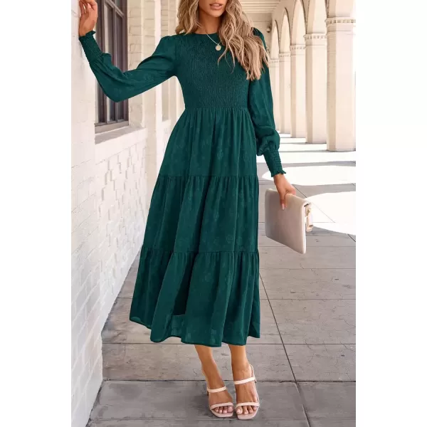 imagePRETTYGARDEN Womens Fall Midi Dress Long Sleeve Floral Smocked Elegant Wedding Guest Long Flowy DressesMalachite Green