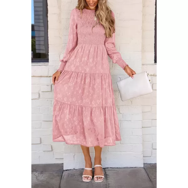imagePRETTYGARDEN Womens Fall Midi Dress Long Sleeve Floral Smocked Elegant Wedding Guest Long Flowy DressesPink